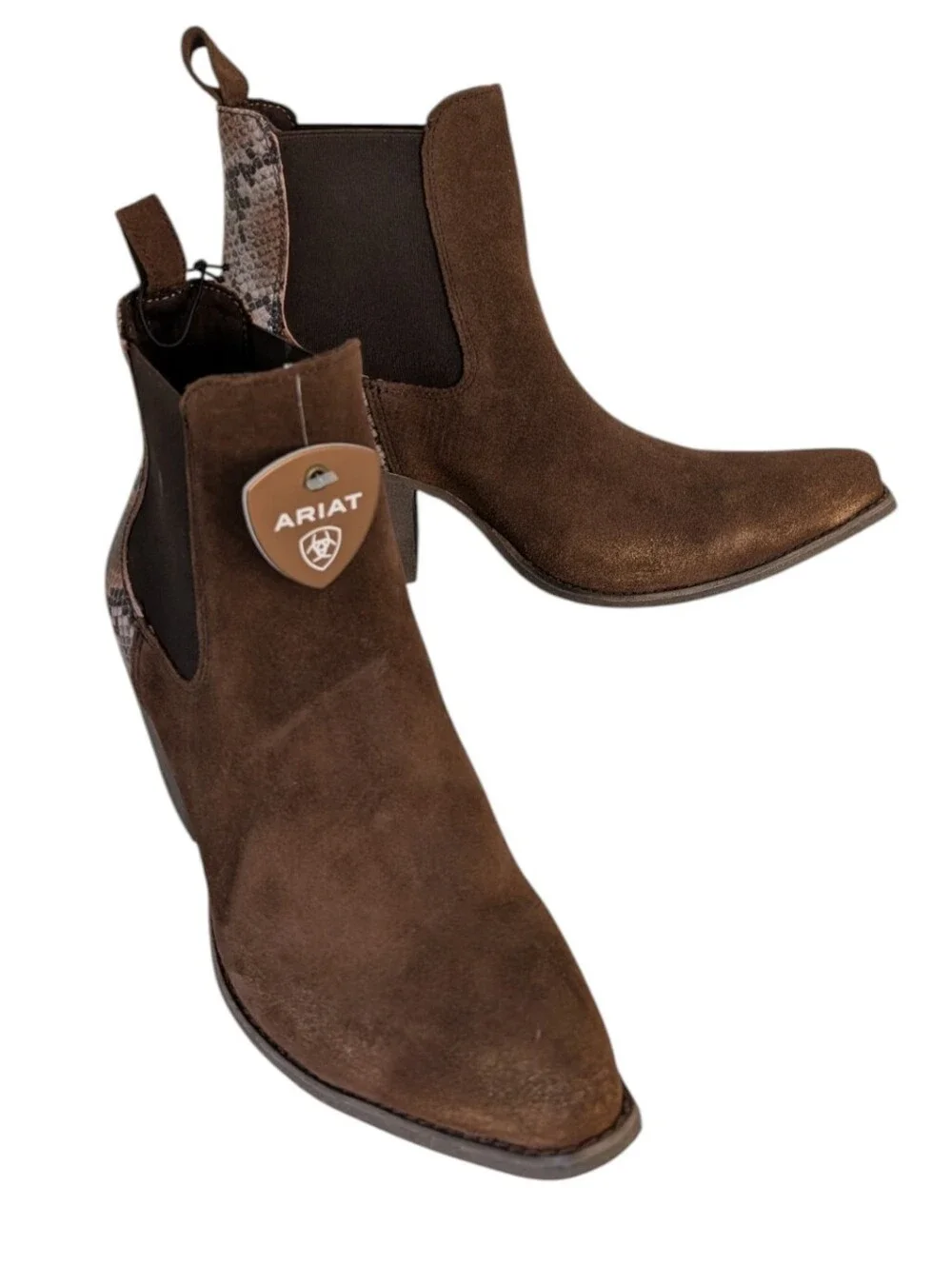 NEW ...Ariat Bradley Western Coffee Suede Boot Snake-Print Heel Accent..Size 9
